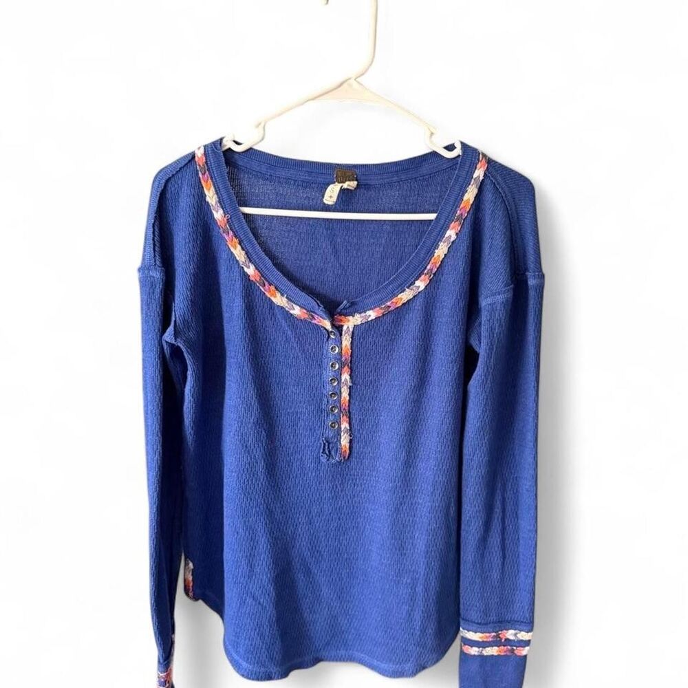 Free People We The Free Thermal Henley Top Blue Embroidered Long Sleeve Size S